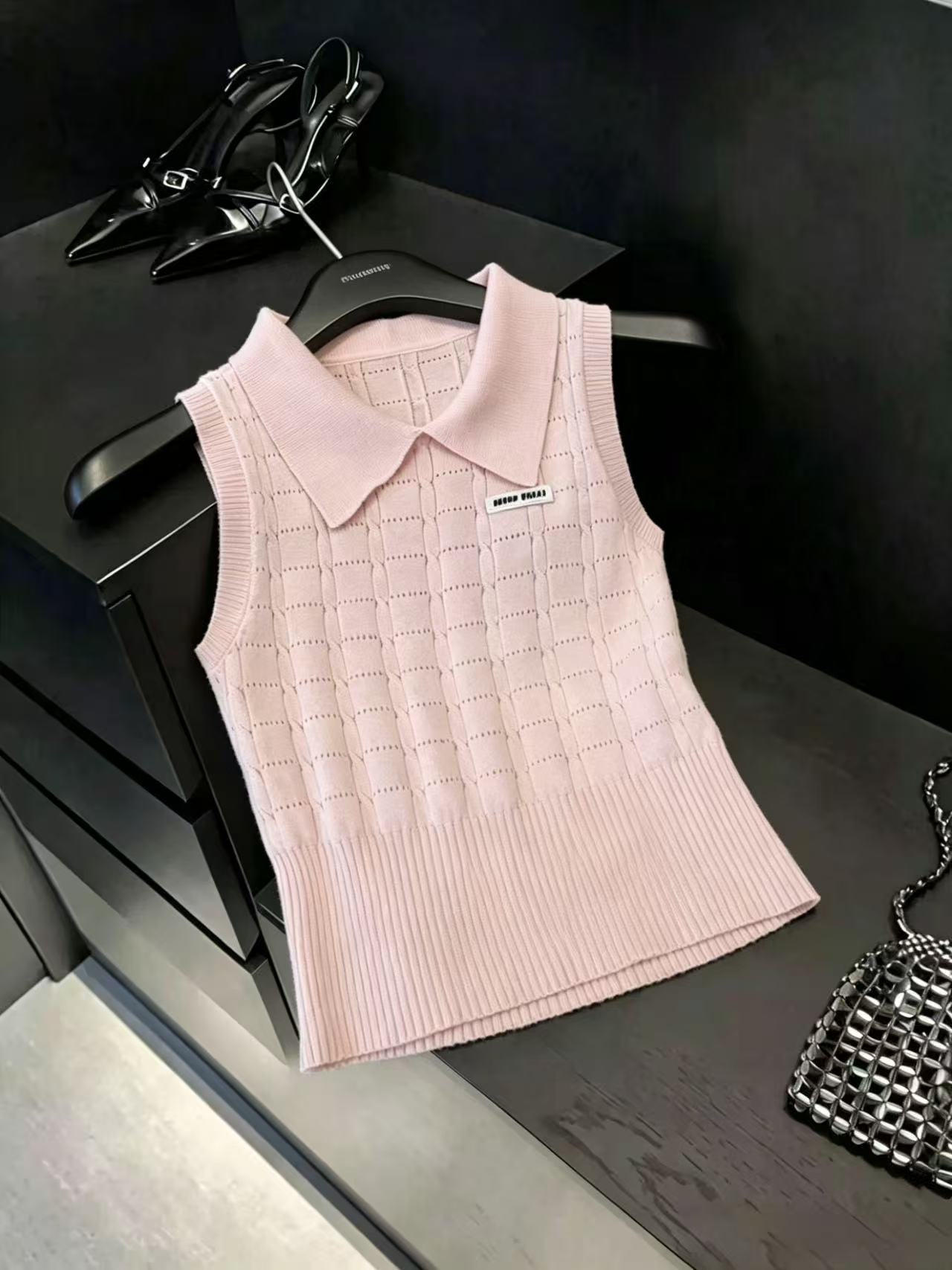 실사 학원 스타일 POLO 칼라 민소매 니트 조끼 여성 여름 섹션 달콤함 얇은 스타일 맨위 chic