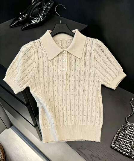실사 레트로 POLO 칼라 홀로우 아웃 니트 반팔 티셔츠 여성 몸매 가꾸기 다용도 긍정적 인 어깨 의류 chic