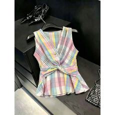 批发实拍韩系撞色格子外穿背心女夏季小众设计感无袖上衣chic