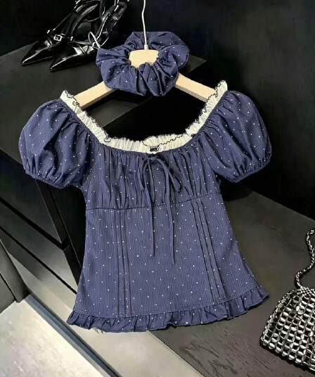 실사 프랑스식 거품 소매 도트 무늬 나비 매듭 셔츠 새로운 여름 작은 대중 패치워크 레이스 레이스 쇼트 스타일 맨위 여성