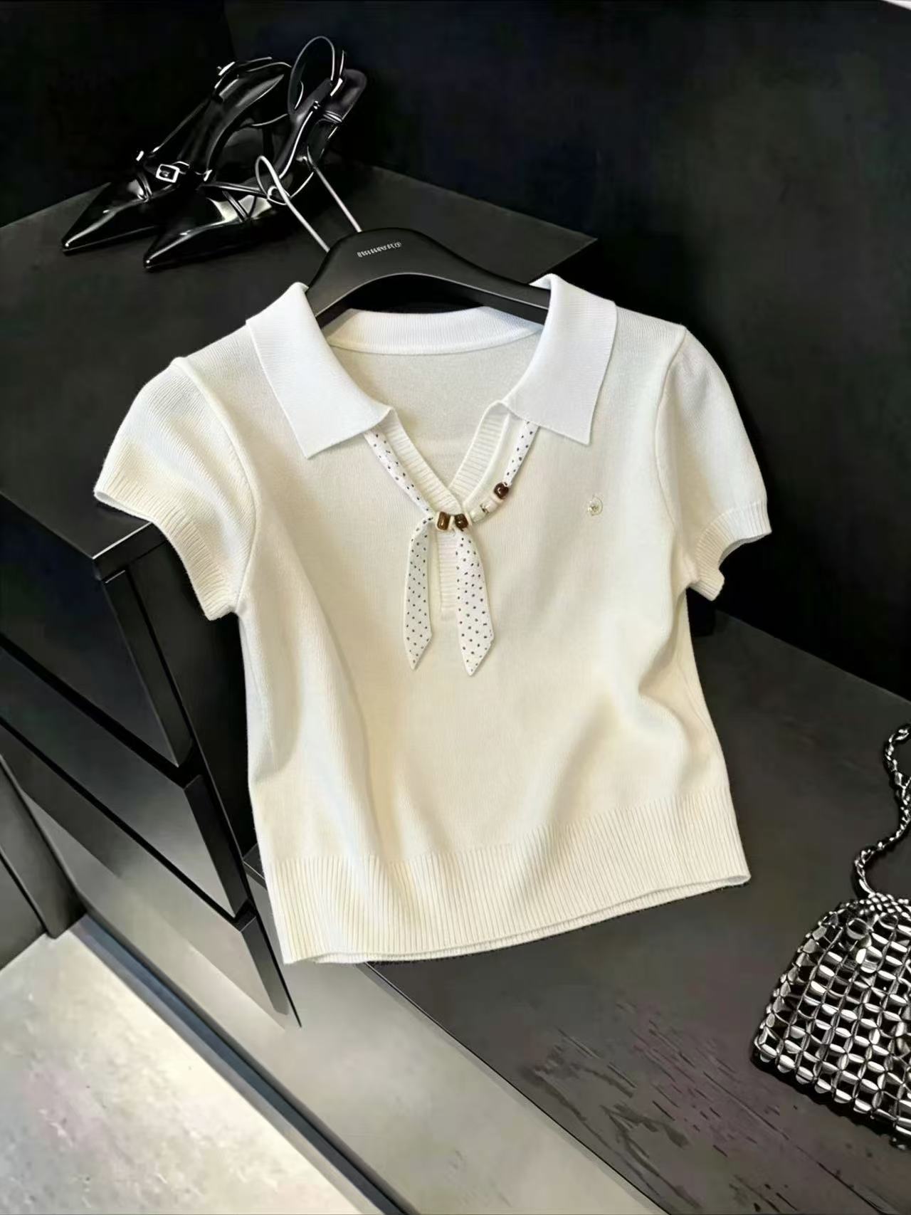 米白色冰丝短袖针织衫女夏季新款...