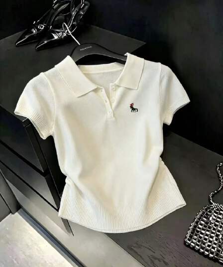 실사 한 부서 폴로 칼라 반팔 니트 스웨터 여성 연령 감소 POLO 칼라 티셔츠 얼음 차가운 실크 맨위