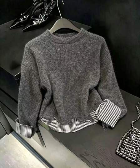 실사 한 부서 부드러운 찹쌀 루즈핏 라운드 넥 풀오버 가을 불규칙 술 측면 패치워크 스트라이프 긴팔 니트 스웨터