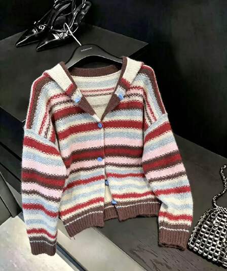 실사 한 부서 빨간색 스트라이프 후드 스웨터 오픈 가디건 여성 가을 겨울철 루즈핏 느긋한 니트 재킷 맨위 ins