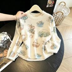批发实拍可爱小兔子印花钉珠软糯针织衫女秋冬甜美温柔风宽松百搭<b class='q'>毛衣</b>