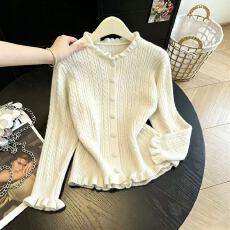 批发实拍法式温柔风木耳边拼接毛衣开衫女秋冬针织衫外套2026新款ins