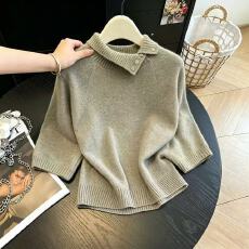 批发实拍韩系翻领<b class='q'>中袖</b>斗篷针织毛衣女新款宽松显瘦气质蝙蝠袖内搭上衣