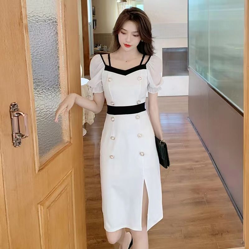 RY8# 性感露肩双排扣包臀裙女2026夏新款洋气撞色开叉女人味礼服连衣裙