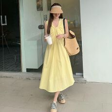 批发法式气质设计感扭结V领无袖背心裙女<b class='q'>时尚</b>甜美韩版宽松显瘦a字长裙