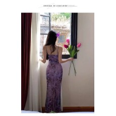 批发法式轻熟风<b class='q'>紫色</b>吊带<b class='q'>连衣裙</b>女夏季收腰显瘦包臀鱼尾裙蕾丝度假长裙