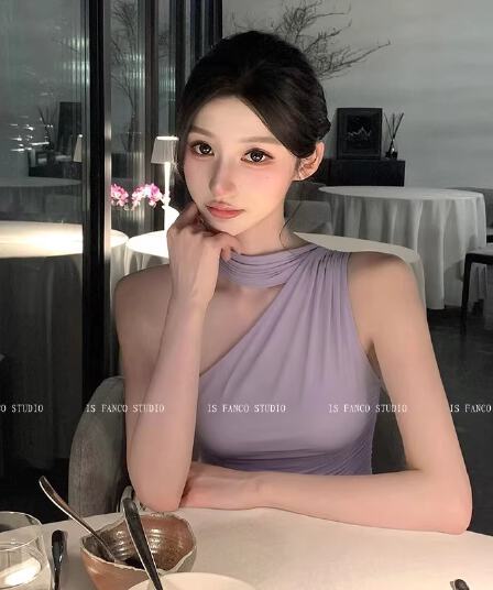 한국 동대문 보라색 순수한 욕망 행침 목 비스듬한 어깨 슬립 여성 아모이 망사 주름 민소매 몸매 가꾸기 튜브탑 맨위