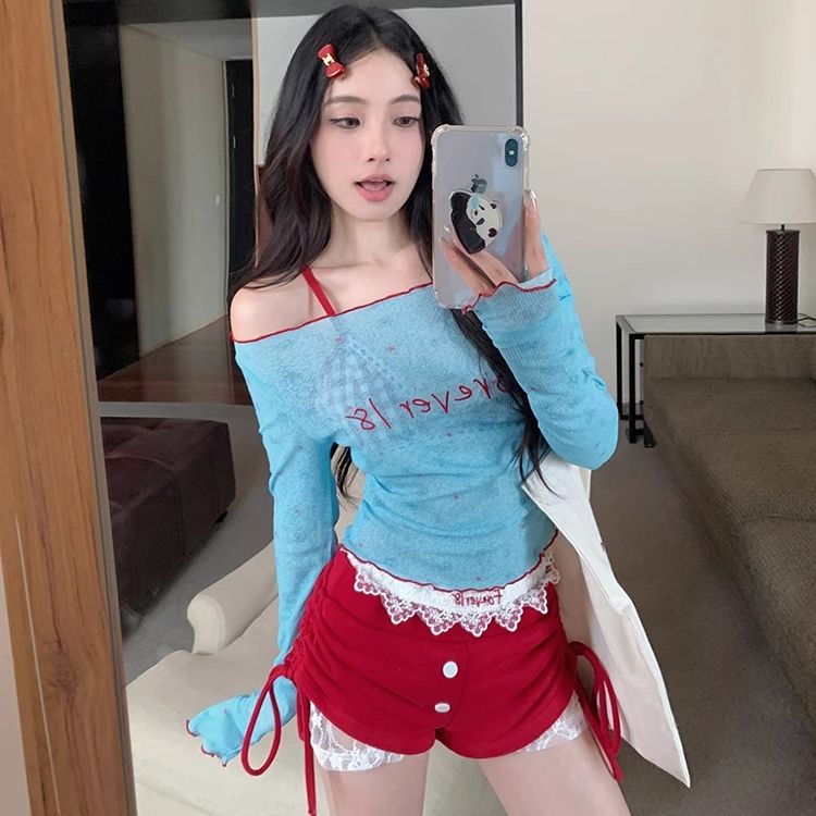 오프숄더 얇은 스타일 자수 긴팔 몸매 가꾸기 티셔츠 여성 여름 핫걸 작은 대중 파란색 쇼트 스타일 자외선 차단 블라우스 맨위