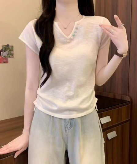 슈퍼 화재 살구 색상 V넥 반팔 티셔츠 여성 새로운 여름 얇은 스타일 얼음 실크 펌프 로프 주름 허리 수축 슬림해 보이는 쇼트 스타일 맨위