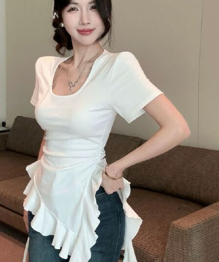 여름 프랑스식 출퇴근 디자인 센스 프릴 불규칙 밑단 라운드 넥 반팔 티셔츠 몸매 가꾸기 슬림해 보이는 맨위