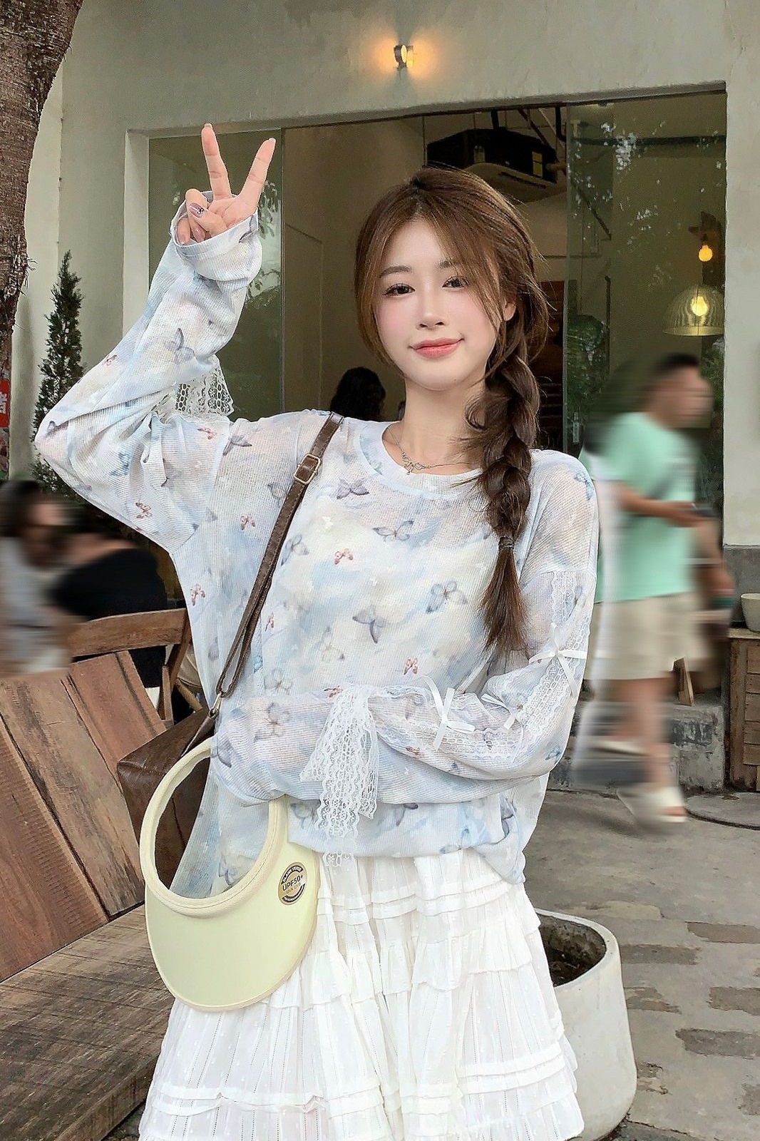 봄 여름 태양 보호 셔츠 원본 원단 파란색 나비 프린트 블라우스 티셔츠 여성 작은 대중 캐주얼 루즈핏 얇은 스타일 맨위