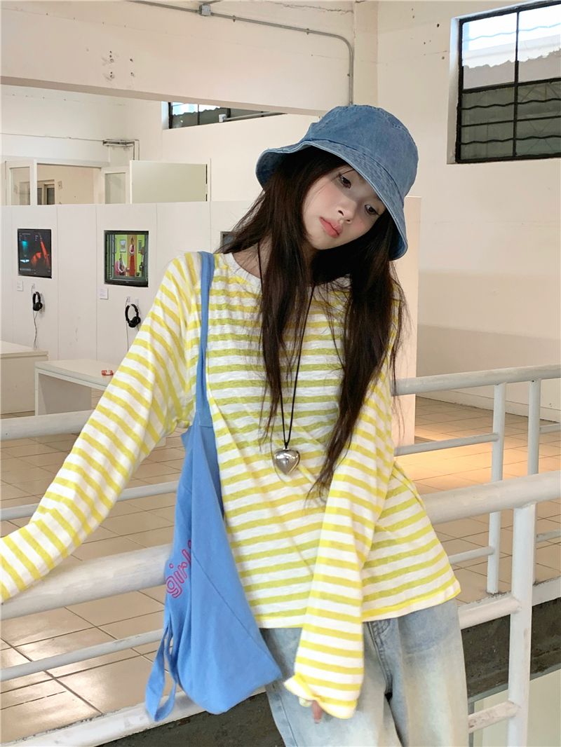 자외선 차단 캐주얼 배색 스트라이프 긴팔 티셔츠 여성 여름 새로운 느긋한 바람 루즈핏 슬림해 보이는 한국 스타일 맨위