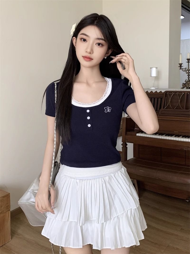 슈퍼 화재 긍정적 인 어깨 티셔츠 여름 달콤한 매운맛 바람 페이크 레이어드 반팔 여성 의류 여름 섹션 mm 몸매 가꾸기 쇼트 스타일 순수한 욕망 작은 맨위