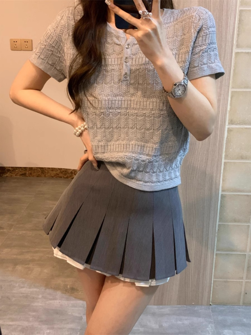 여름 프랑스식 홀로우 아웃 회색 라운드 넥 반팔 니트 스웨터 여성 풀오버 얇은 스타일 고급 센스 다용도 쇼트 스타일 맨위 트렌디