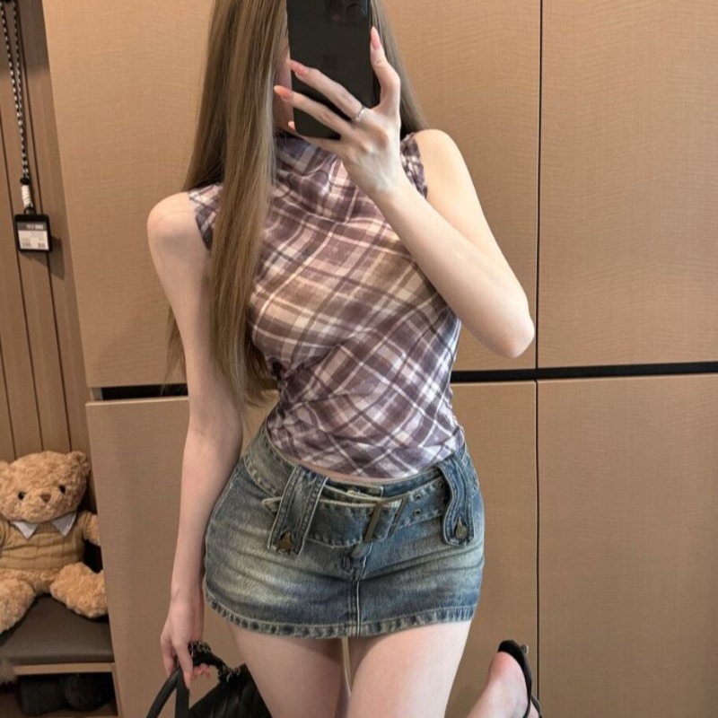 순수한 욕망 체크무늬 망사 반하이넥 민소매 니트 조끼 여성 여름 몸매 가꾸기 슬림해 보이는 패션 다용도 쇼트 스타일 맨위