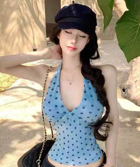 순수한 욕망 바람 도트 무늬 행침 목 캐미솔 2026 여름 새로운 핫걸 몸매 가꾸기 슬림해 보이는 V넥 민소매 맨위