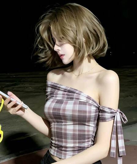 비스듬한 칼라 한 부서 튜브탑 체크무늬 티셔츠 여성 여름 디자인 센스 리본 닫기 피팅 슬림해 보이는 캐주얼 다용도 가을 어깨 의류