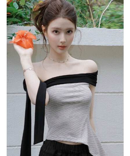 40 순면 배색 리본 오프숄더 티셔츠 여성 여름 새로운 다용도 허리 수축 슬림해 보이는 핫걸 민소매 맨위