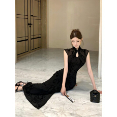 批发黑色高级感改良新中式收腰旗袍女<b class='q'>连衣裙</b>包臀收腰显瘦长裙气质<b class='q'>礼服</b>