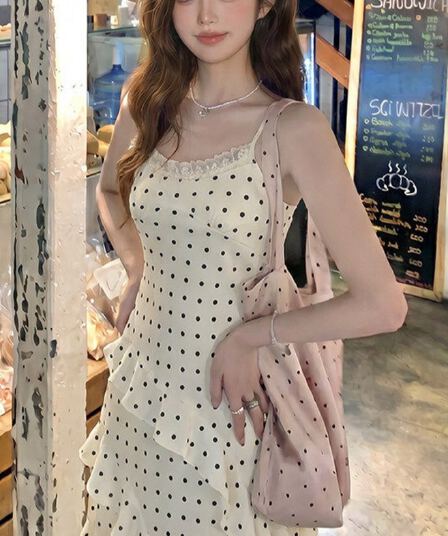 휴가 바람 프랑스식 도트 무늬 슬립 여성 드레스 여름 프릴 슈퍼 요정 치마 몸매 가꾸기 허리 수축 한 마디 롱 스커트