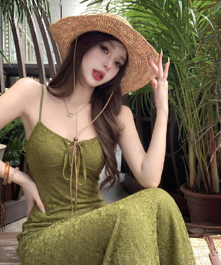 휴가 바람 슬립 홀로우 아웃 레이스업 여성 드레스 여름 녹색 핫걸 허리 수축 디스플레이 몸 타이트 스커트 길다 치마
