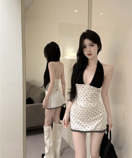 한 부서 아름다운 고유 한 행침 목 슬립 도트 무늬 반신 스커트 투피스 슈트 전체 집합 ootd 착용 가져 가라. 2026 여름