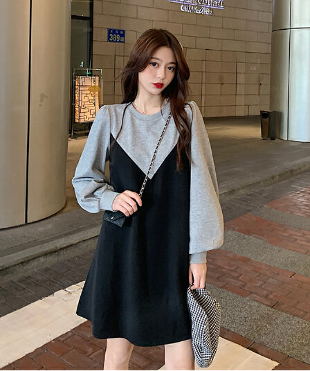 가을 레트로 패치워크 섹션 블랙 싸움 회색 디자인 작은 대중 긴팔 드레스 우아함 미니멀리즘 고급 chic 미니 스커트 여성