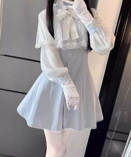 슈퍼 화재 가을 일본식 달콤함 소녀 순수한 욕망 바람 클리어 부서 숄 레이스 나비 매듭 쉬폰 긴팔 드레스