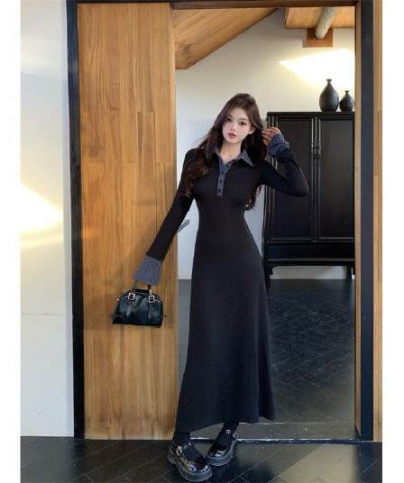 슈퍼 화재 POLO 칼라 긴팔 검정색 드레스 아이들 가을 겨울철 새로운 고급 센스 만나는 인사이드 가져 가라. 품격 롱 스커트