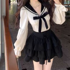 批发<b class='q'>韩国</b>东大门早秋季高级感气质长袖衬衫蛋糕半身裙子小个子两件套