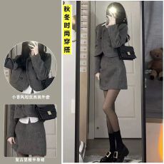 批发韩国东大门毛呢套装裙秋冬新款气质小个子<b class='q'>短</b>款<b class='q'>外套女</b>半身裙两件套