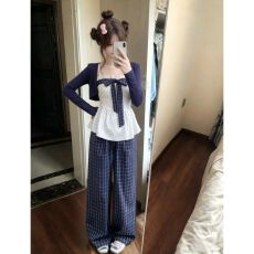 批发学院风休闲慵懒甜美套装秋季显瘦蝴蝶结吊带<b class='q'>开衫</b>外套<b class='q'>女</b>直筒格子裤