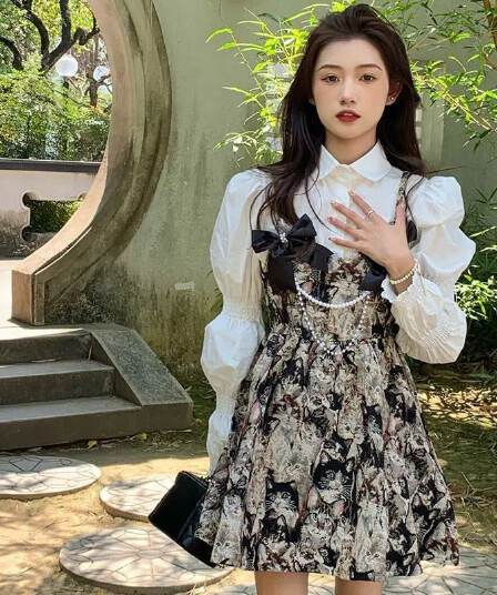 한국 동대문 봄 가을 새로운 레트로 항구 바람 학원 스타일 유화 고양이 슬립 페이크 레이어드 긴팔 드레스