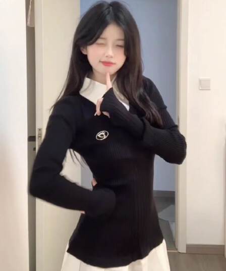 핫걸 학원 패치워크 니트 플리츠 드레스 몸매 가꾸기 슬림해 보이는 긴팔 허리 수축 두 조각 치마 미니 스커트 새로운
