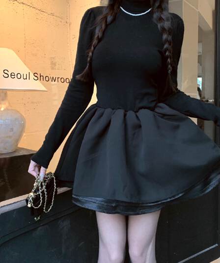 한국 동대문 슈퍼 화재 가을 달콤한 핫걸 순수한 욕망 바람 퍼프 작은 검은 드레스 프랑스식 고급 센스 니트 드레스