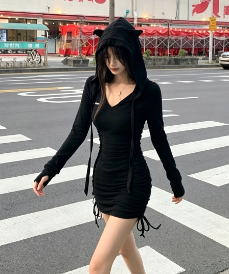 2026 새로운 가을 겨울 핫걸 터미네이터 불모지 바람 후드 여성 드레스 디자인 센스 펌프 Pleat 순수한 욕망 몸매 가꾸기 치마