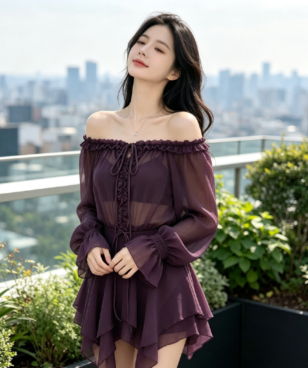 로얄 자매 고유 한 아름다운 비스듬한 어깨 보라색 꼬집기 허리 미니 스커트 프랑스식 부드러운 바람 슈퍼 잘 생긴 드레스 2026 년 가을