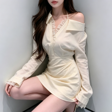 批发法式气质纯欲小心机<b class='q'>露肩</b>格子裙女早秋蕾丝拼接长袖收腰衬衫<b class='q'>连衣裙</b>