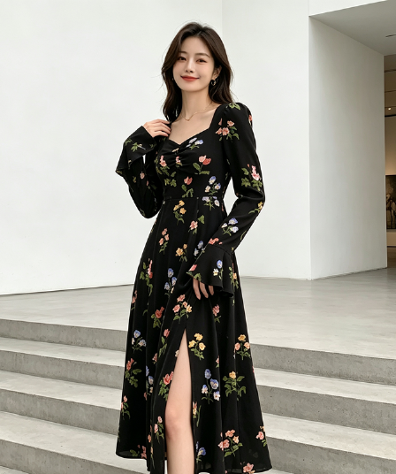 2026 새로운 봄 가을 빅 사이즈 여성 의류 중간 길이 치마 프랑스식 레트로 잘 생긴 허리 수축 측면 트임 드레스 트렌디