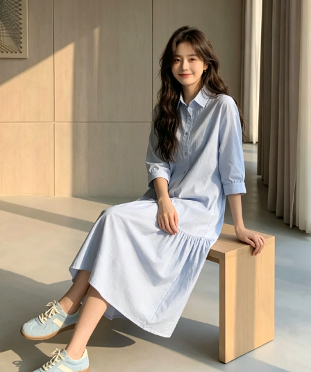 파란색 셔츠 여성 드레스 가을 중간 길이 슬림해 보이는 디자인 센스 작은 대중 느슨함 센스 하얀 달빛 아름다운 롱 스커트