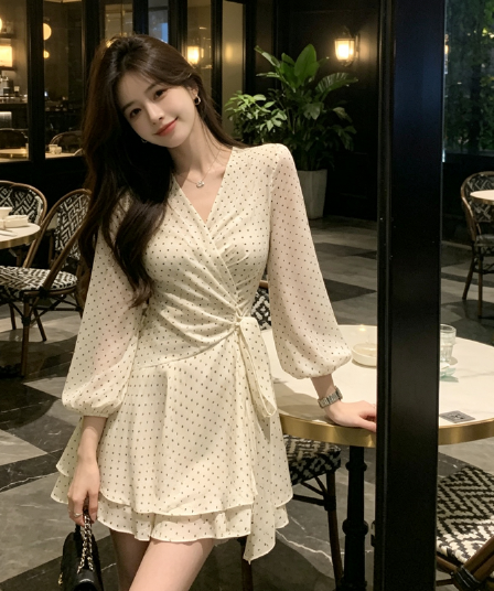 프랑스식 부드러운 바람 도트 무늬 드레스 아이들 가을 새로운 불규칙 작은 대중 허리 수축 V넥 스트랩 짧은 치마