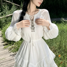 批发波西米亚短裙女川西草原旅游拍照<b class='q'>长袖</b>白裙子异域风白色仙气<b class='q'>连衣裙</b>