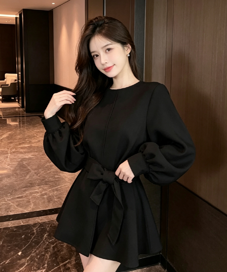 고급 센스 검정색 여성 코트 겨울 새로운 벌룬 소매 레이스업 루즈핏 슬림해 보이는 작은 대중 중간 길이 품격 맨위