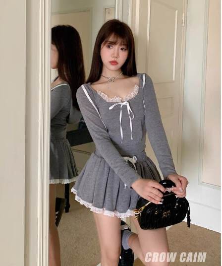 레이스 조각 회색 쇼트 스타일 티셔츠 후드 티 스웨터 핫걸 세트 여성 가을 한 마디 반신 스커트 캐주얼 투피스 세트
