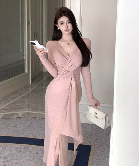 프랑스식 V넥 비틀림 품격 슬림해 보이는 만나는 타이트 스커트 스트랩 긴팔 불규칙 허리 수축 부드러운 부서 드레스