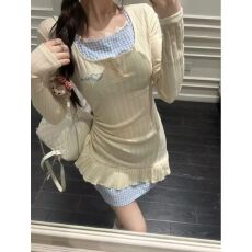 批发纯欲甜辣妹挂脖假两件连衣裙子<b class='q'>女</b>2026秋冬季新款长袖针织包臀短裙
